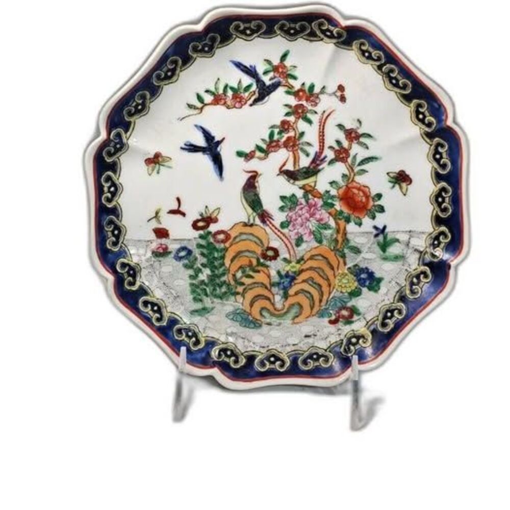 Vintage Chinese Export Porcelain Plate Hand Painted Peonies Birds Gold Gilt 10"